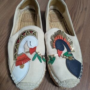 Tory Burch Cream Bird Espadrilles with Colorful Swan Design